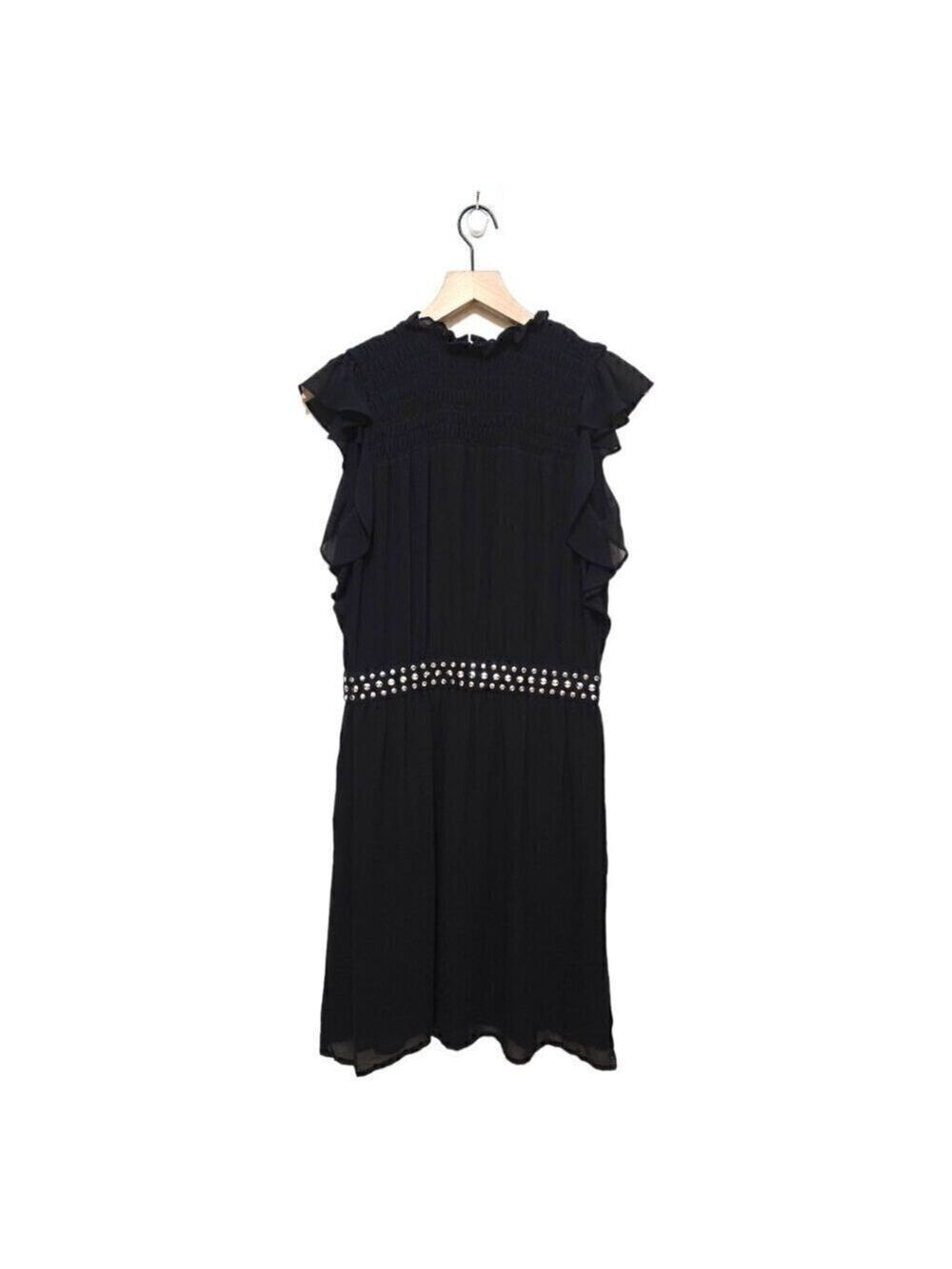 Michael Kors Black Studded Smocked Ruffle Neck Mini Dress Sz S